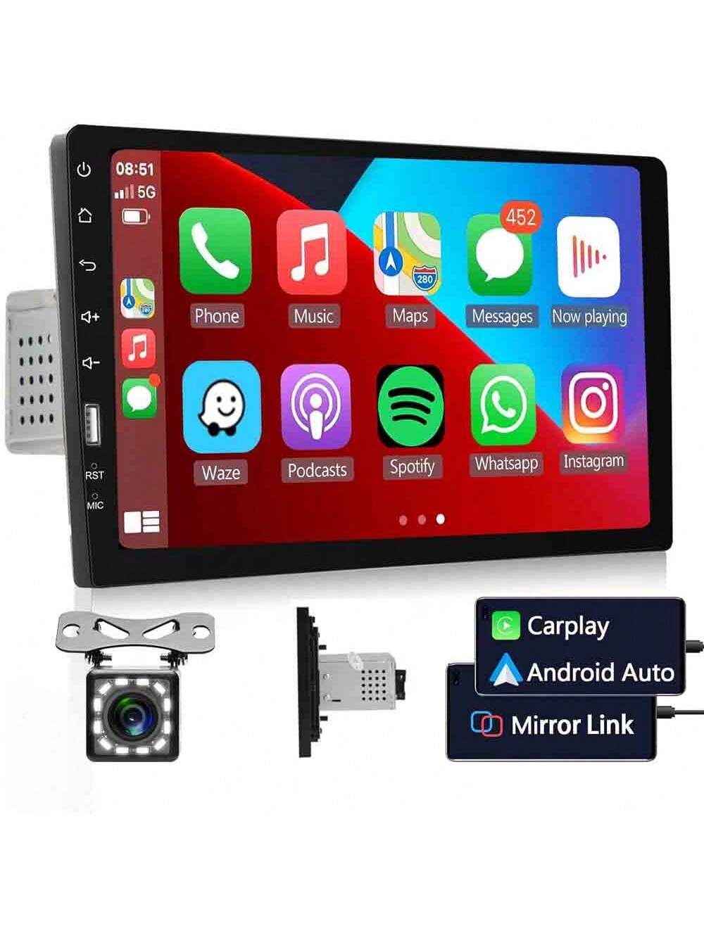 9" Single 1 Din Car Stereo Radio Apple Carplay Bluetooth FM USB Touch Screen MP5 Player + Camera