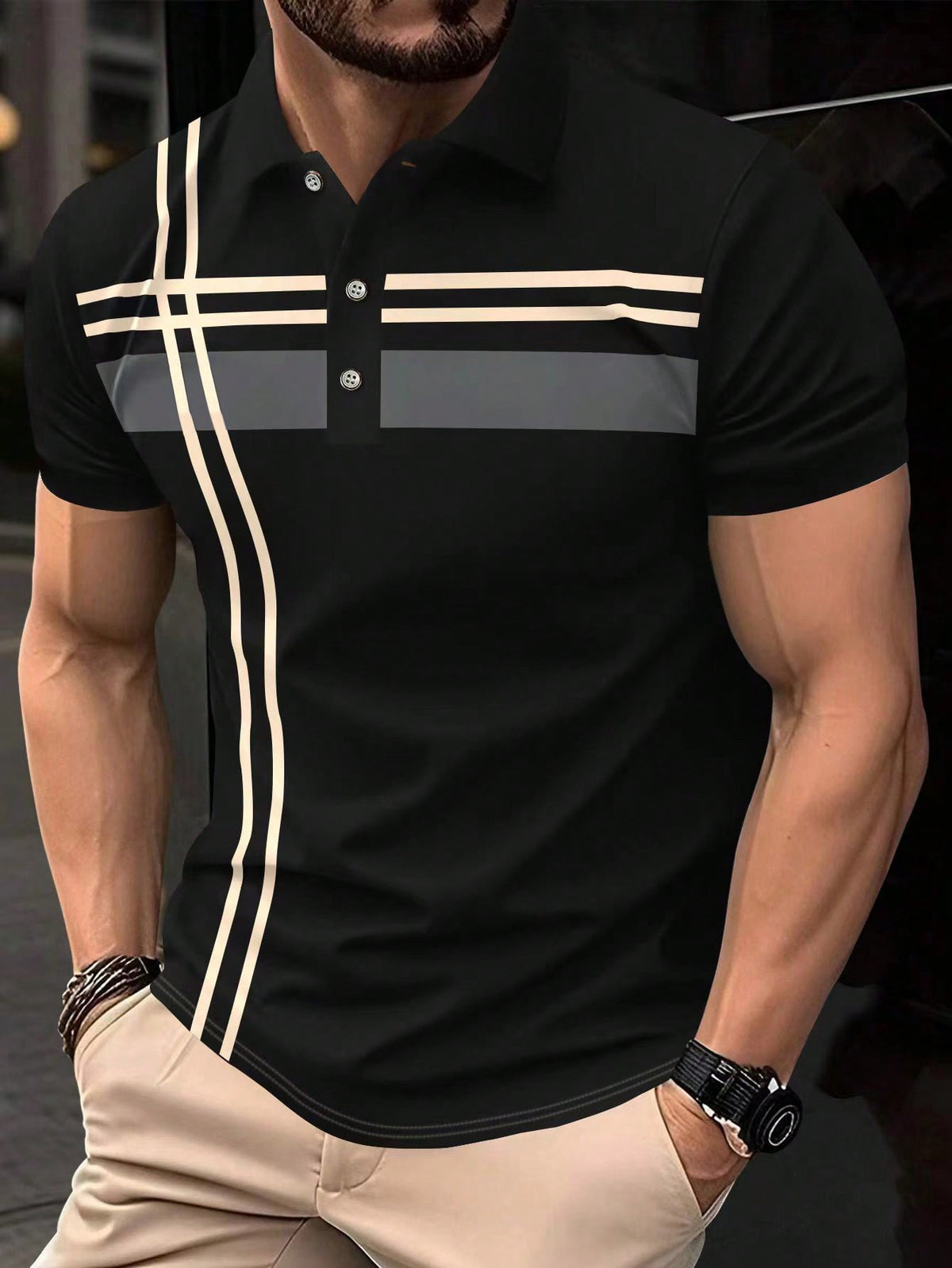 Manfinity Mode Men Summer Striped Short Sleeve Casual Commuting Polo Shirt