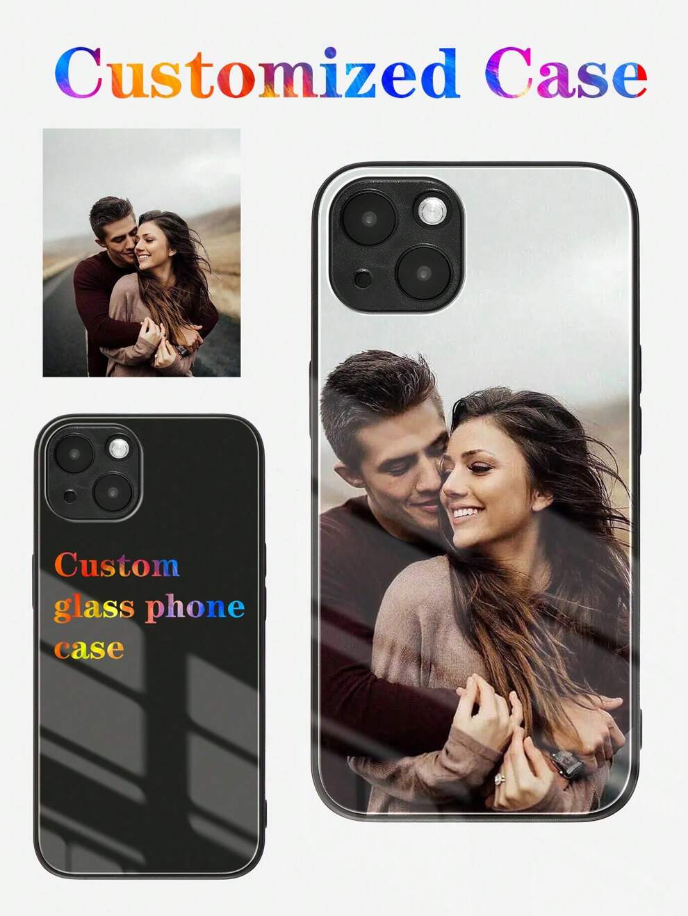 Personalized Black Glass Phone Case For Couples, Friends, Travelers, Wedding, Baby, Parent-Child HD Photo Anti-Slip Custom Protective Cover