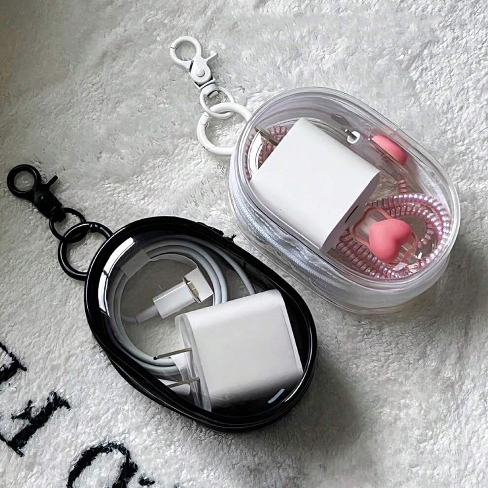 2pcs/Set Black And White Portable Mini Clear Zipper Key Pouch Keychain, Compact Multi-Function Storage Bag, Earphone And Charger Case With Keychain, Transparent Travel Accessory