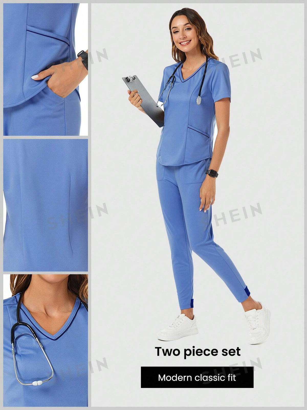 SHEIN TaskFit Women's Nurse Uniform Set, Including 2-Pocket Modern V-Neck Scrub Top And 2-Pocket Elastic Waist Pants Scrub Clothes Set