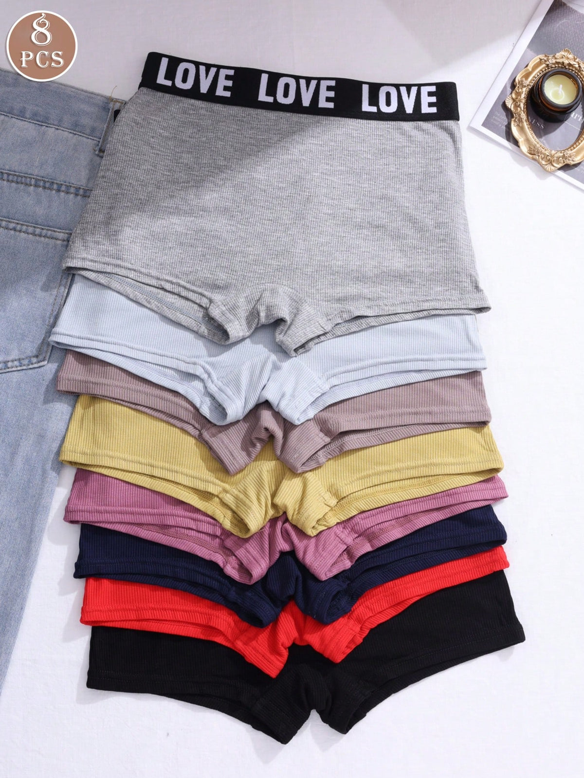 8pcs Women's Letter Printed Waistband Square Cut Underwear, Sports & Casual Shorts Set