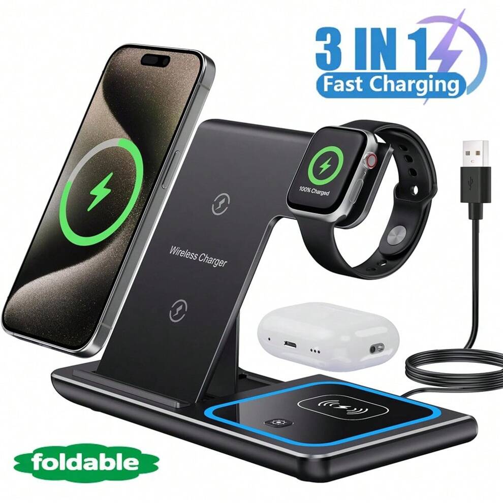 Foldable 3 In 1 Wireless Fast Charger Compatible With iPhone & AirPods & Apple Watch