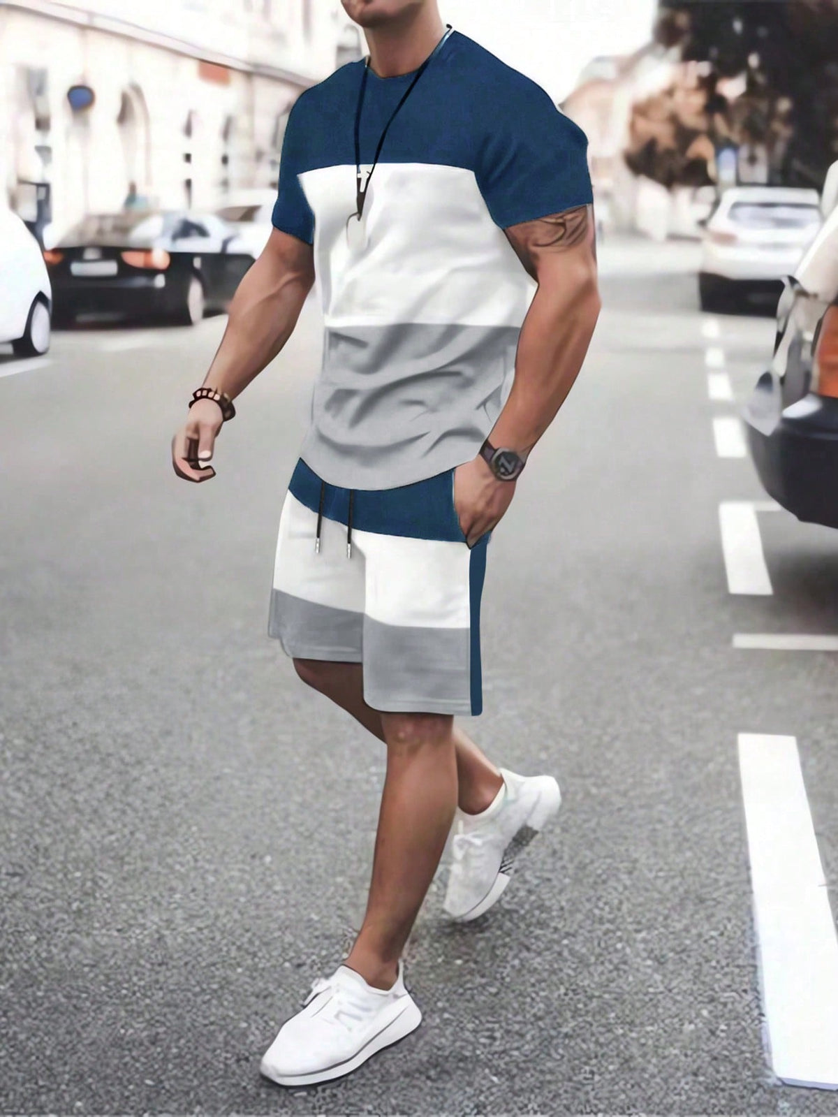 Manfinity Homme Men's Summer Color Block Round Neck Short Sleeve Casual T-Shirt And Drawstring Waist Shorts Set