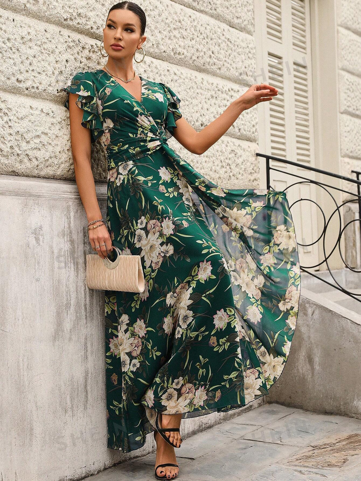 SHEIN Belle Elegant Floral Ruffle Off-The-Shoulder Bridesmaid Dress