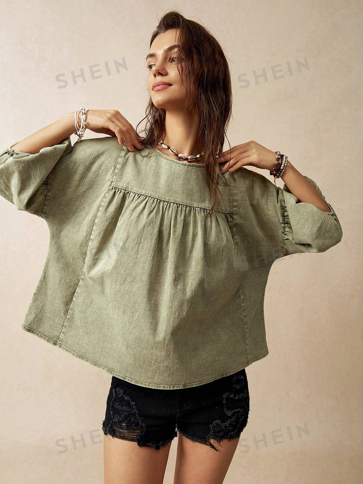 SHEIN BohoFeels Loose Green Women's Puff Sleeve Shirt For Vacation