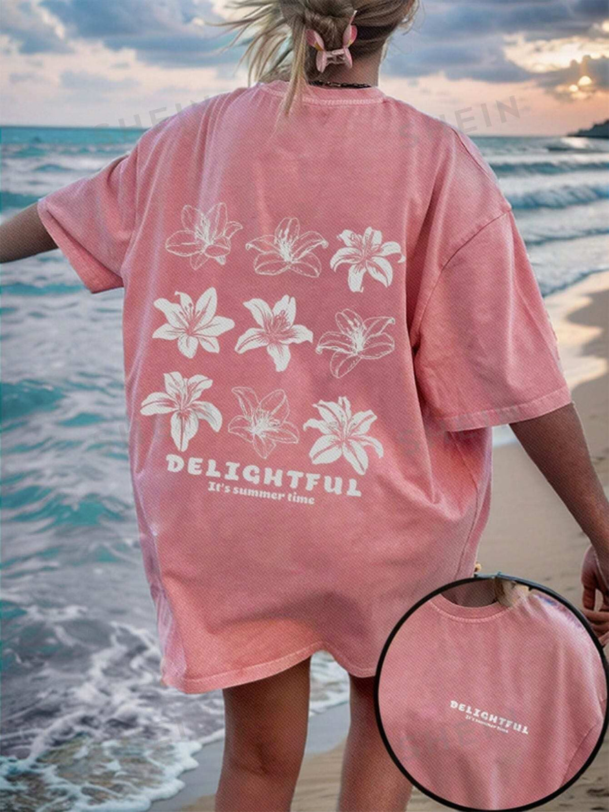 SHEIN EZwear Oversized Short Sleeve T-Shirt For Women, Casual & Minimalist Floral Print Round Neck Tee DELIGHTFUL It's Summer Time