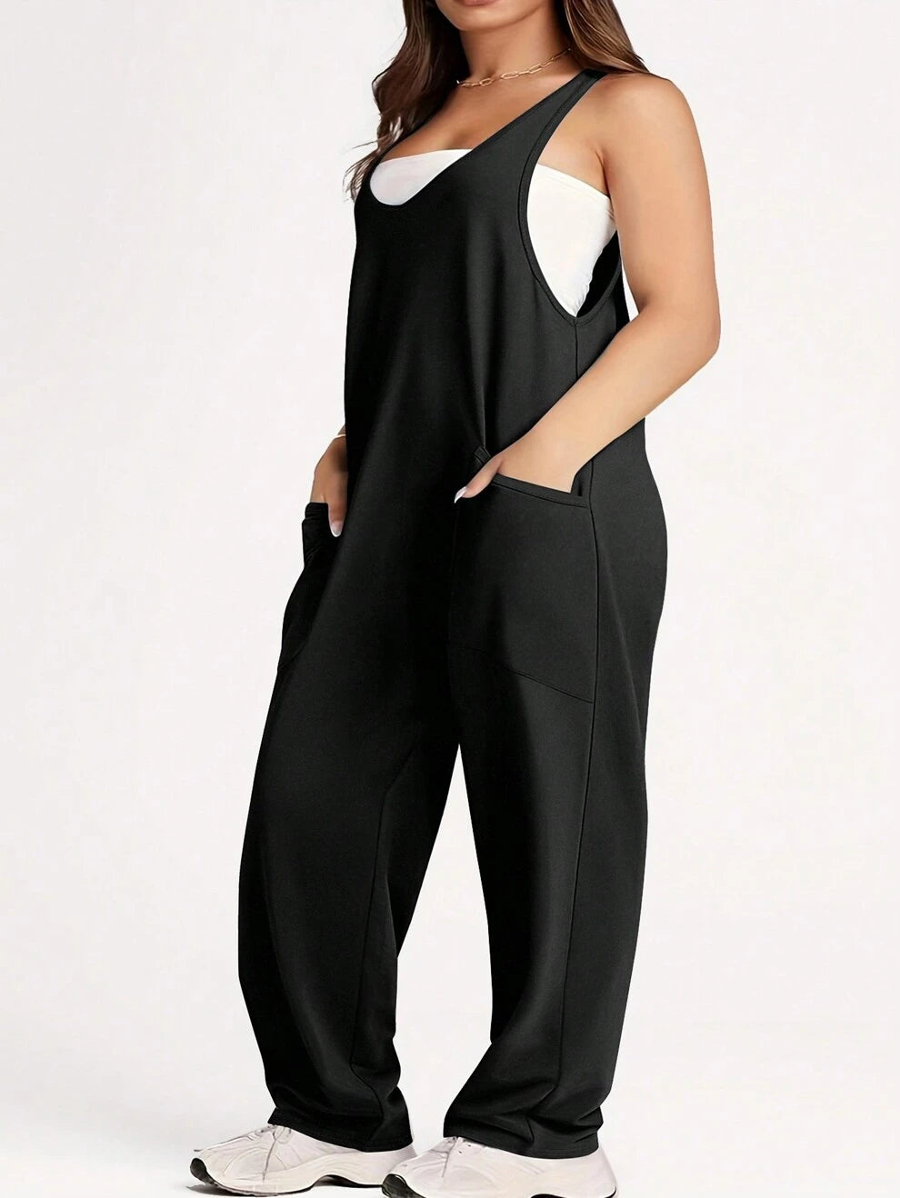 Pocket Knitted Overalls Jumpsuit, Women Plus Size, Solid Color