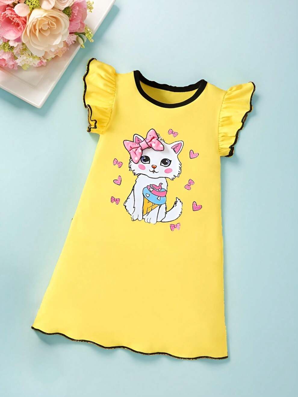 Girls' Cat & Heart Printed Color Block Round Neck Swing Dress With Flutter Sleeves