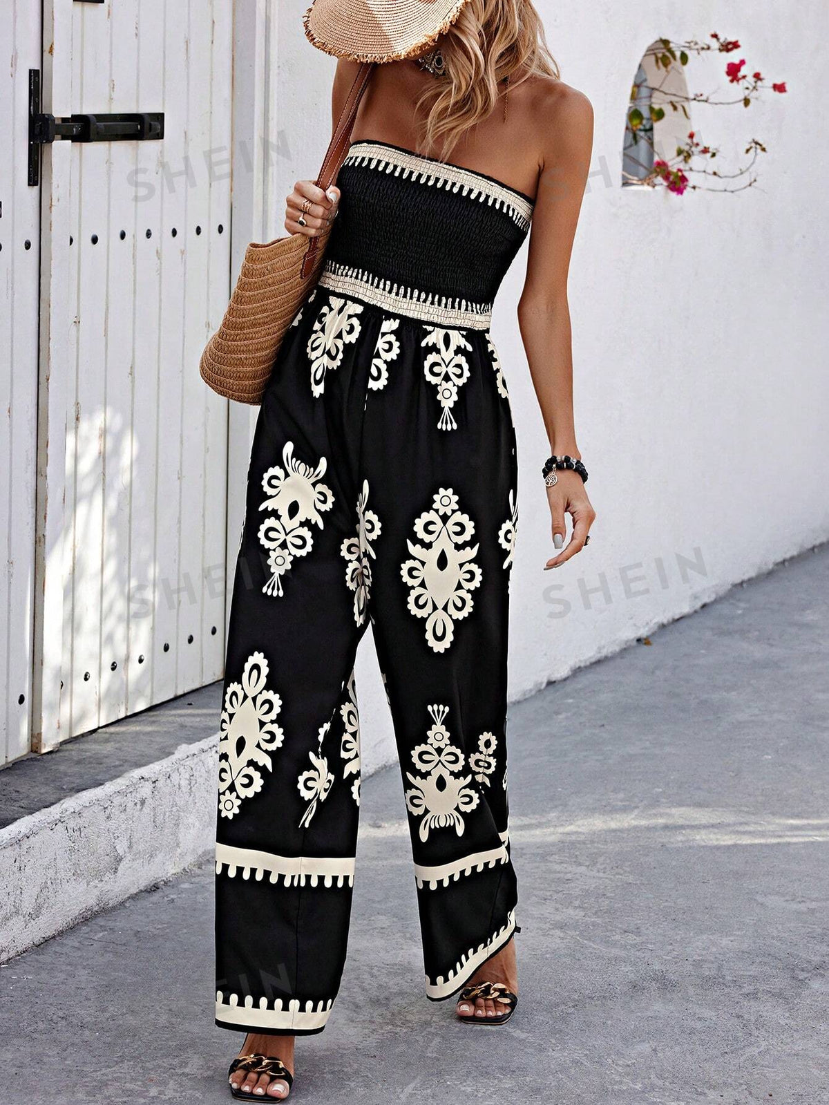 SHEIN VCAY Random Print Wrap V-Neck Sleeveless Jumpsuit For Vacation And Casual Wear