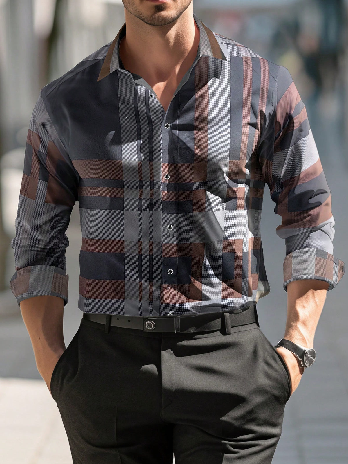 Manfinity Homme Men's Plaid Long Sleeve Shirt, Suitable For Spring And Summer