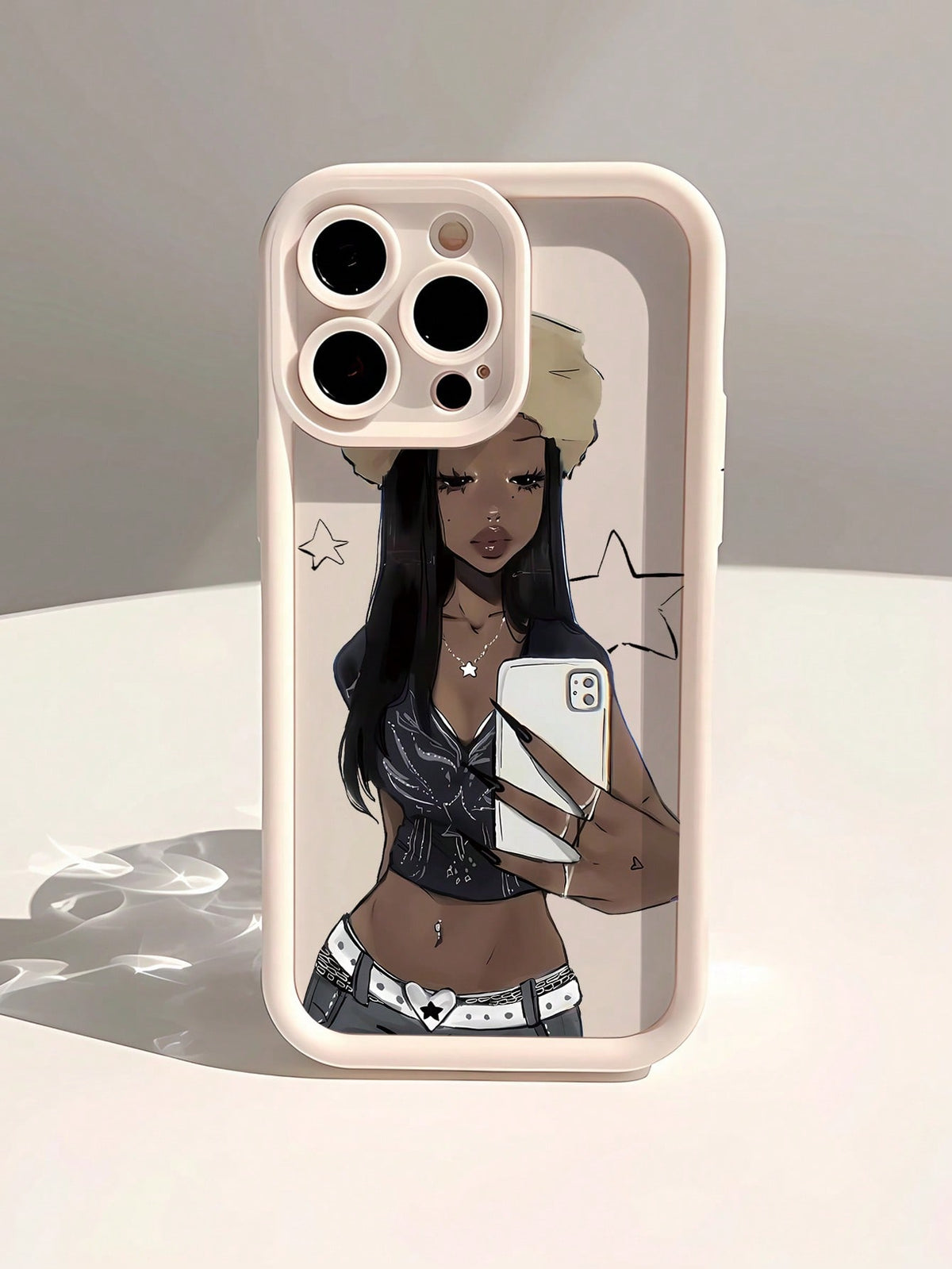 1pc Selfie Girl Pattern White Precision-Drilled Thick Shockproof Full-Cover Phone Case Compatible With IPhone 15/15 Plus/15 Pro/15 Pro Max/11/12/13/14 Pro Max/XS/XR/11 Pro/11 Pro Max/12 Pro/12 Pro Max