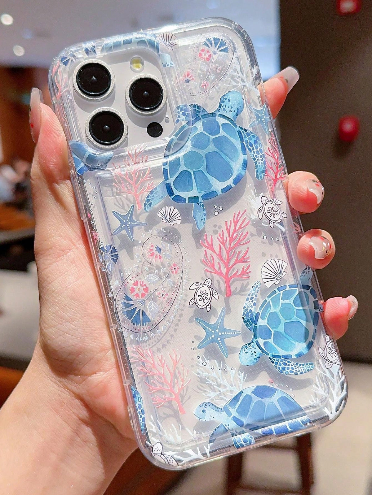 With Phone Charm 1pc Cute Ocean Turtle Pattern Transparent TPU Airbag Shockproof Phone Case With Blue Bead And Transparent Bear Pendant, Compatible With IPhone