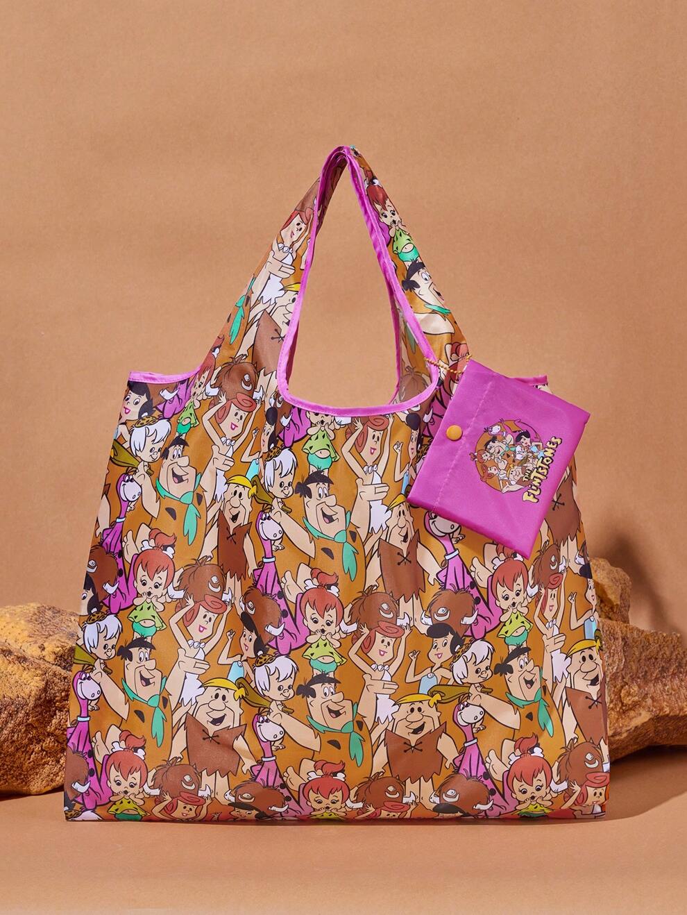 THE FLINTSTONES | SHEIN Full-Print Cartoon Character Shopping Bag With Contrast Binding, Foldable And Portable