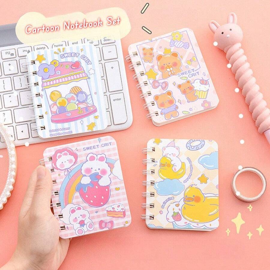 1 Set/10pcs Portable Notebook Set, Creative Cartoon Spiral Notebook, Office Memo Pad Journal, Multiple Design Patterns