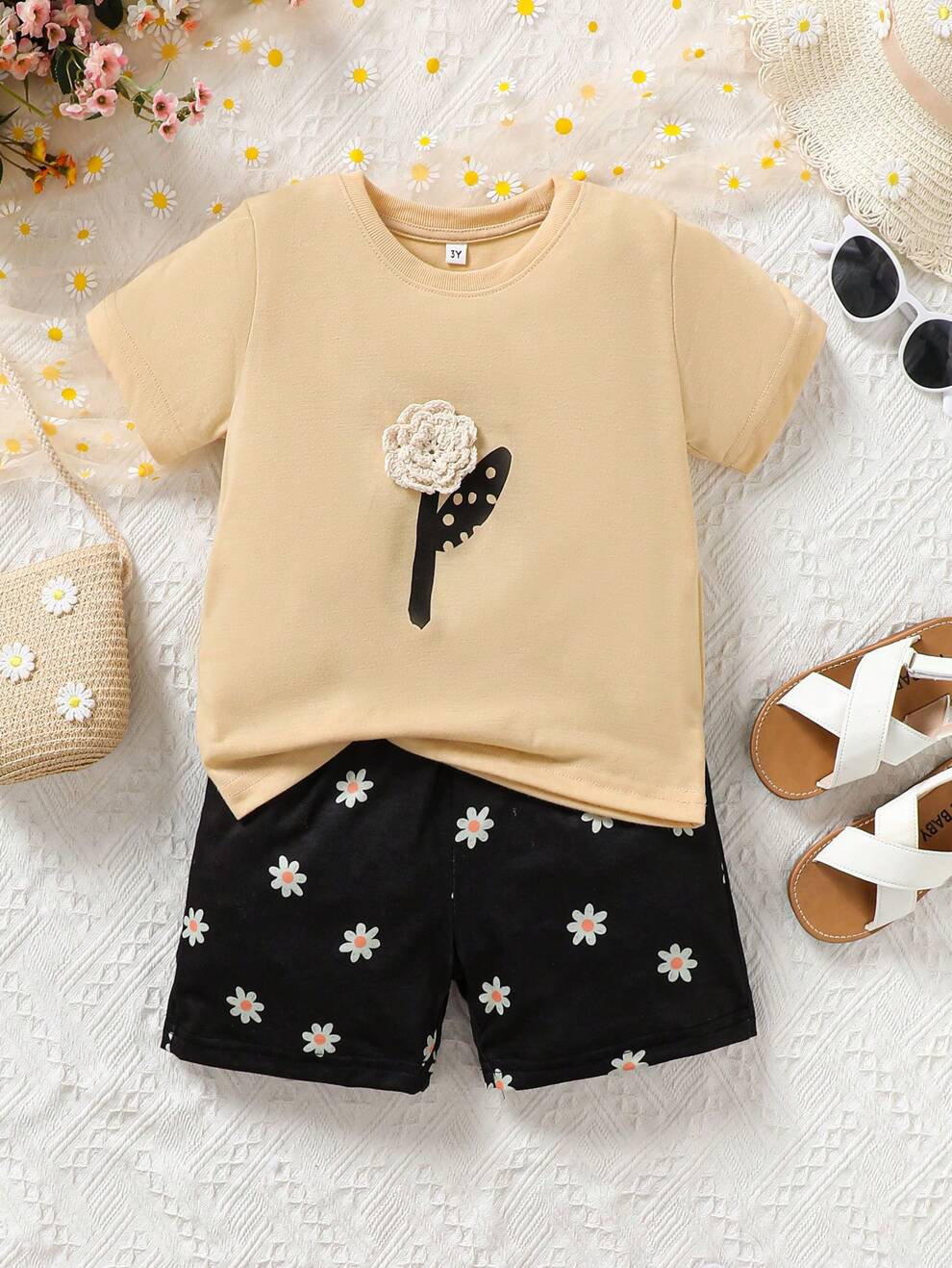 Summer Short Sleeve Handmade DIY Flower Color Block Casual 2-Piece Set For Girls