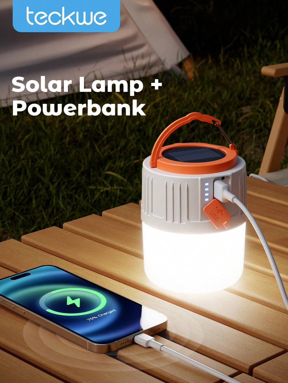 Teckwe 2-In-1 Solar Camping Lantern And Phone Charger,Solar Powered LED Portable Outdoor Lighting Lamp With Mobile Phone Charging Function,Inflatable LED Lamp For Camping,Hiking And Travel Emergency L