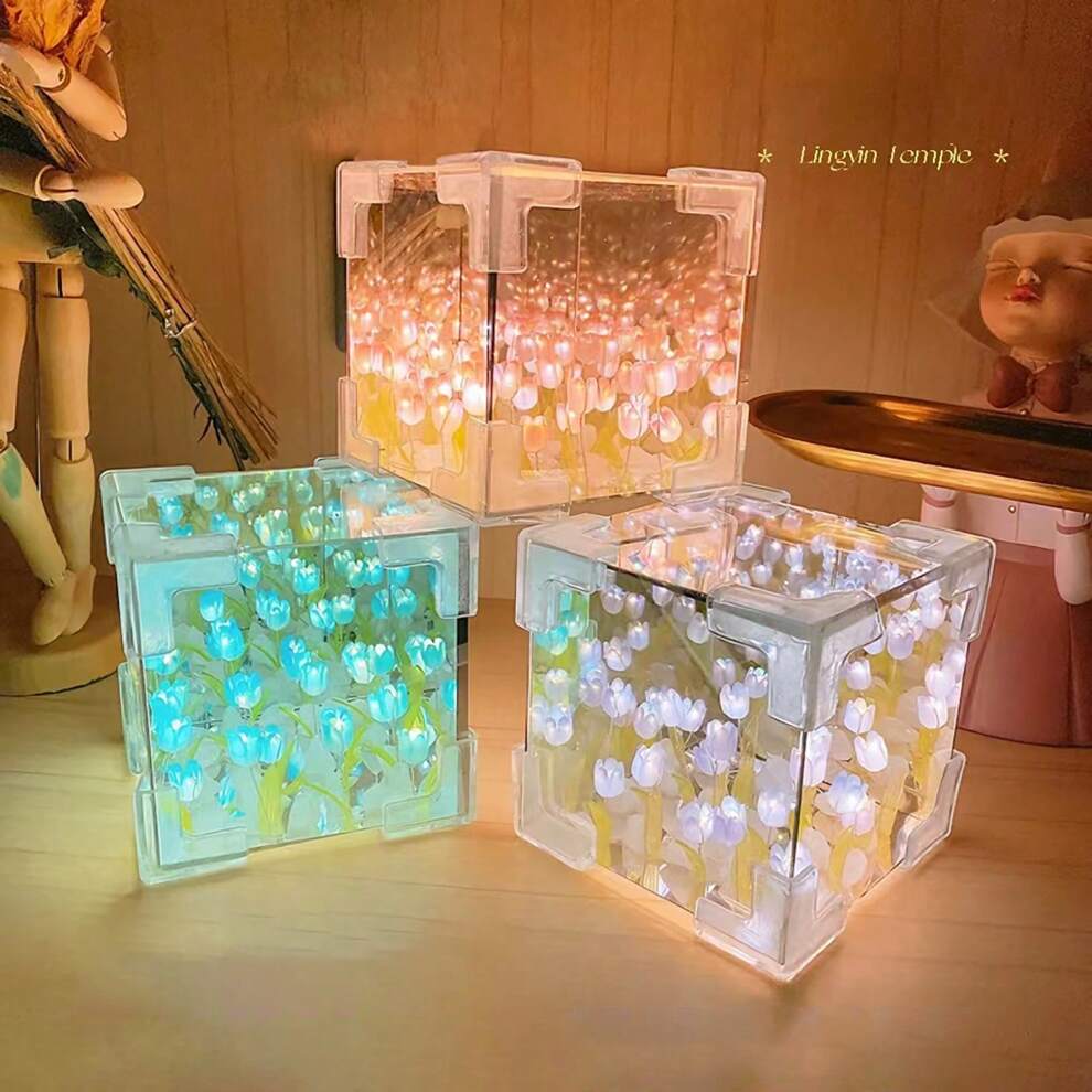 DIY Tulip Cube Mirror Lamp Desktop Decorative Desk Lamp DIY 20 Tulips Night Light Handmade For Girls Friend Creative Gift Room Decoration Night Light