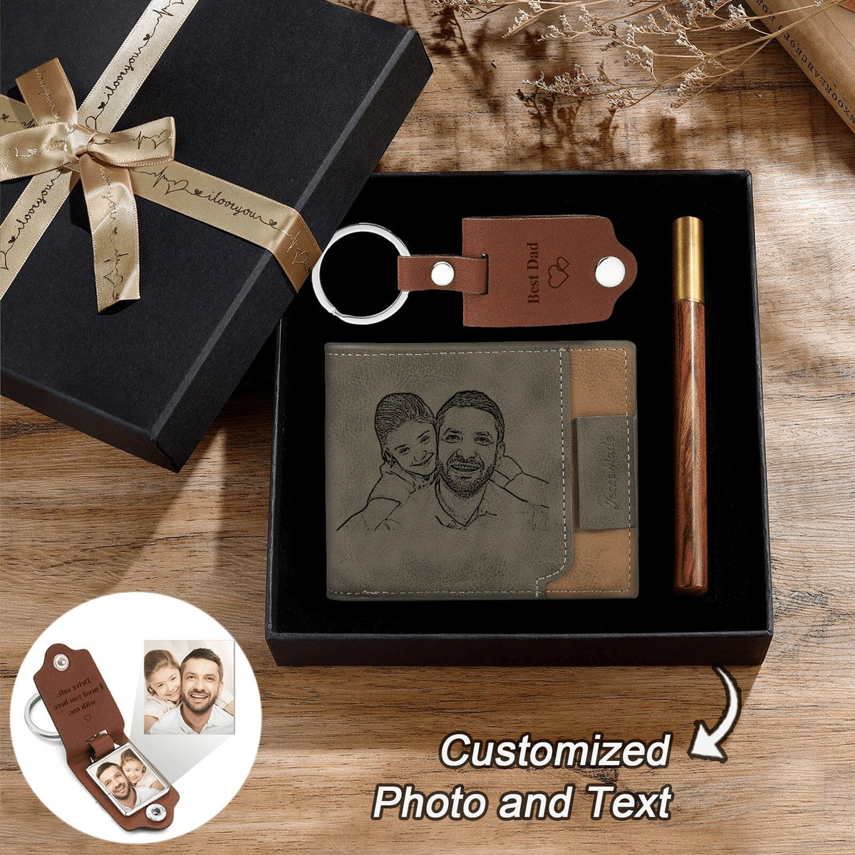 Personalized Holiday Gift Box, Customized Photos And Text, Including Wallet, Keychain, Pen And Packaging Box, Holiday Gift Box/Birthday Gift For Men/Father