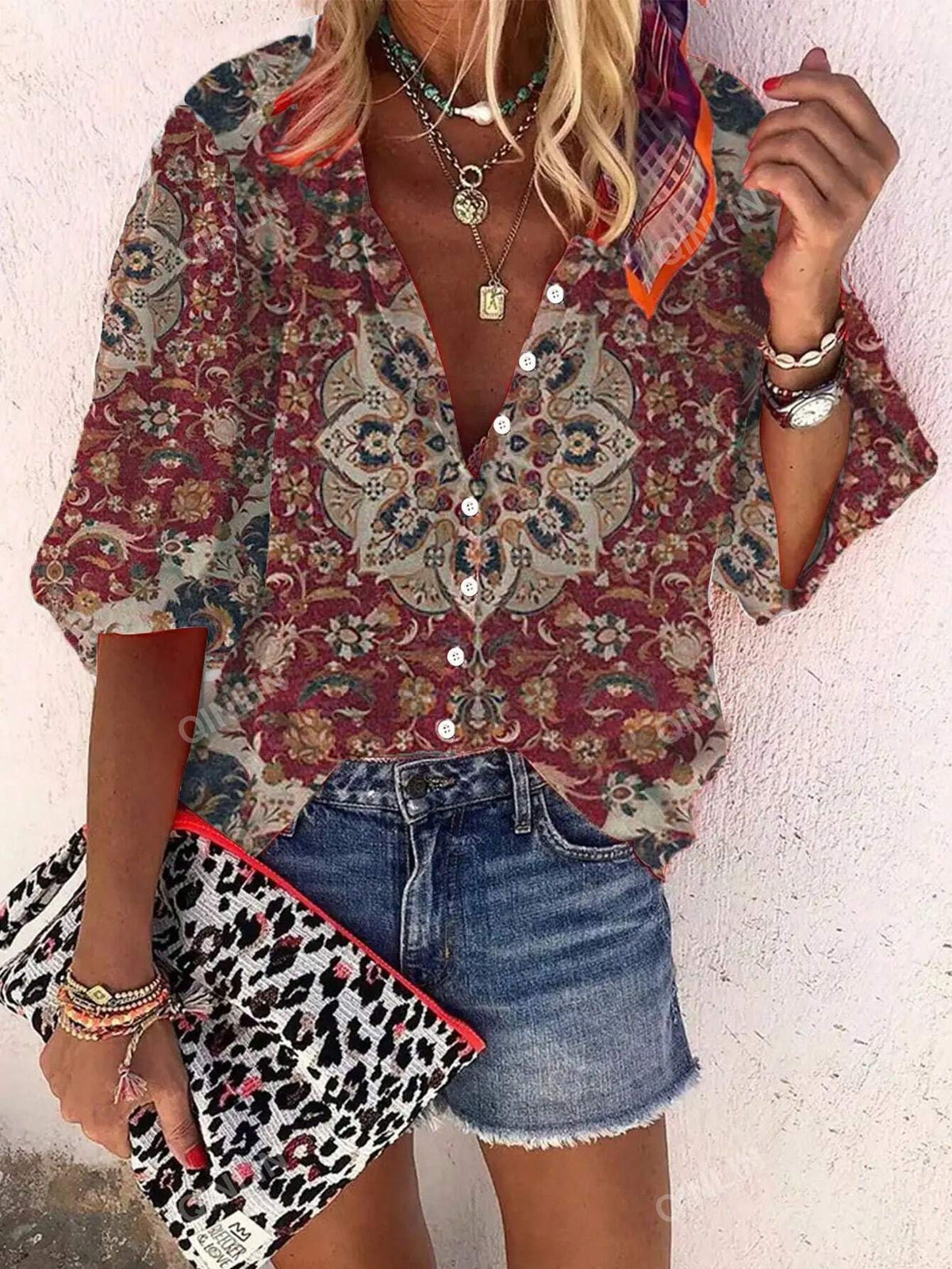 Western Ethnic Style Geometric Printed Women's 3/4 Sleeve Shirt