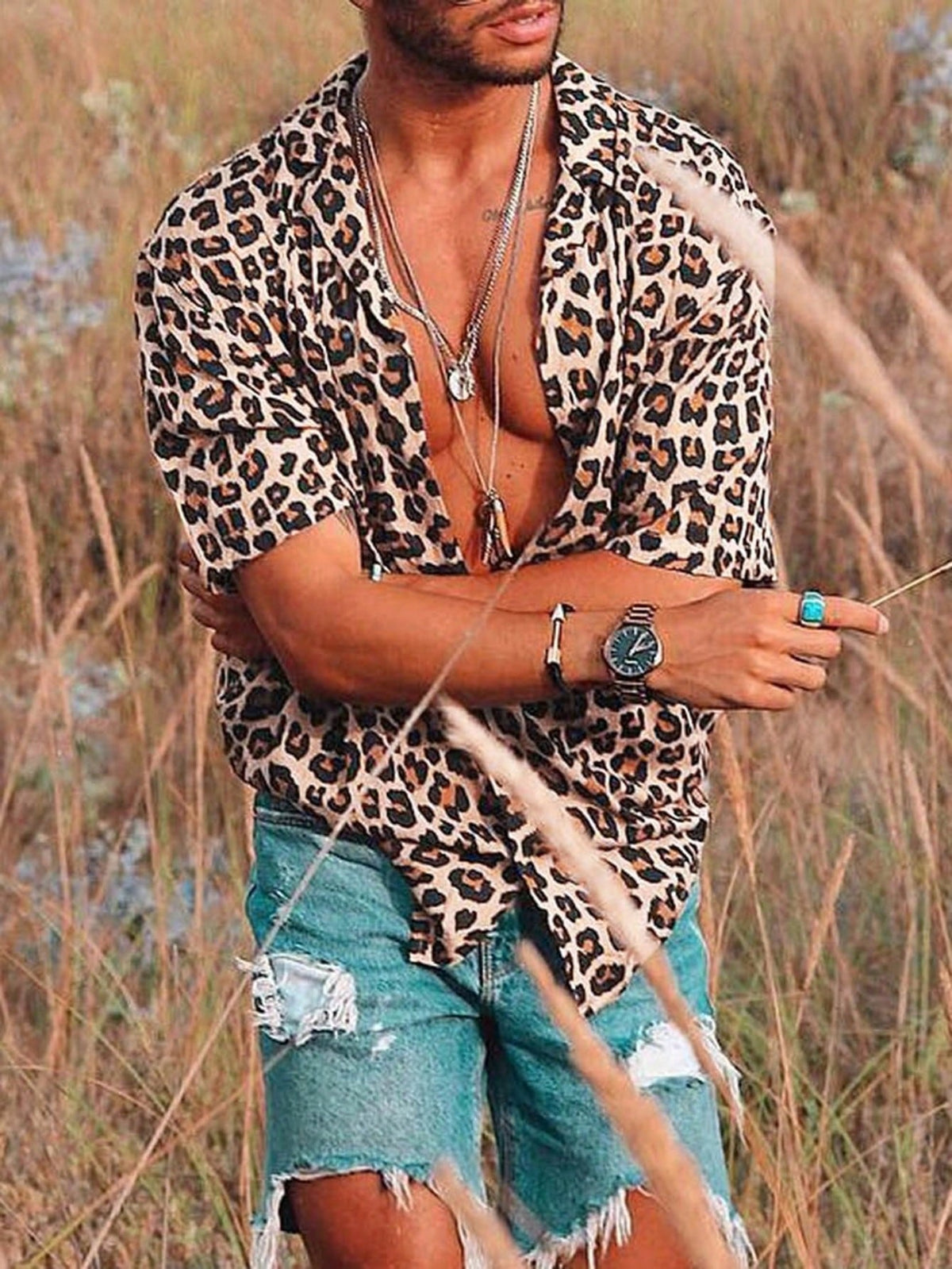 Men's Summer Leopard Print Short Sleeve Casual Shirt