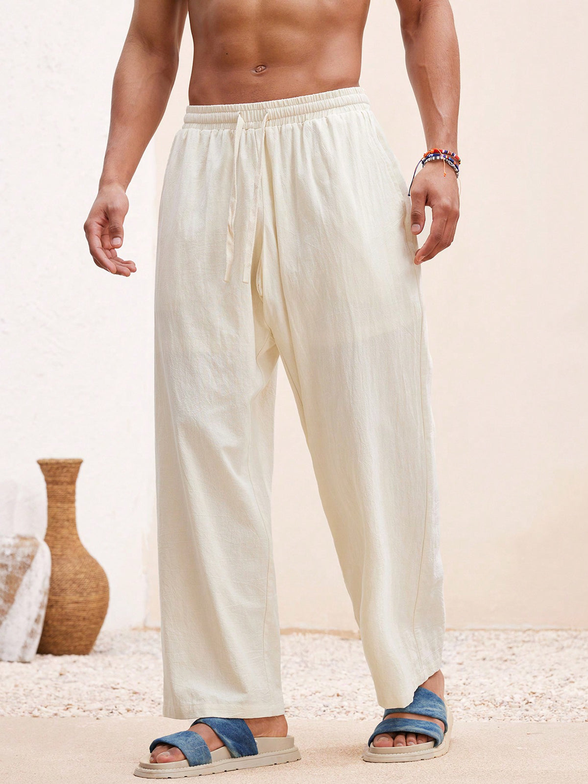 Manfinity VCAY Men Beach Outfits Summer Vacation Basic Woven Casual Surfing Seaside Beach Fit Linen Pants Beachwear