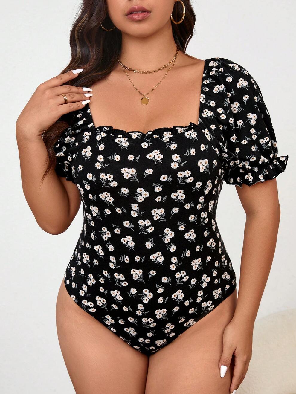 SHEIN Frenchy Plus Size Bridgerton Women's Random Printed Casual Bodysuit For Daily Wear Bridgerton Style