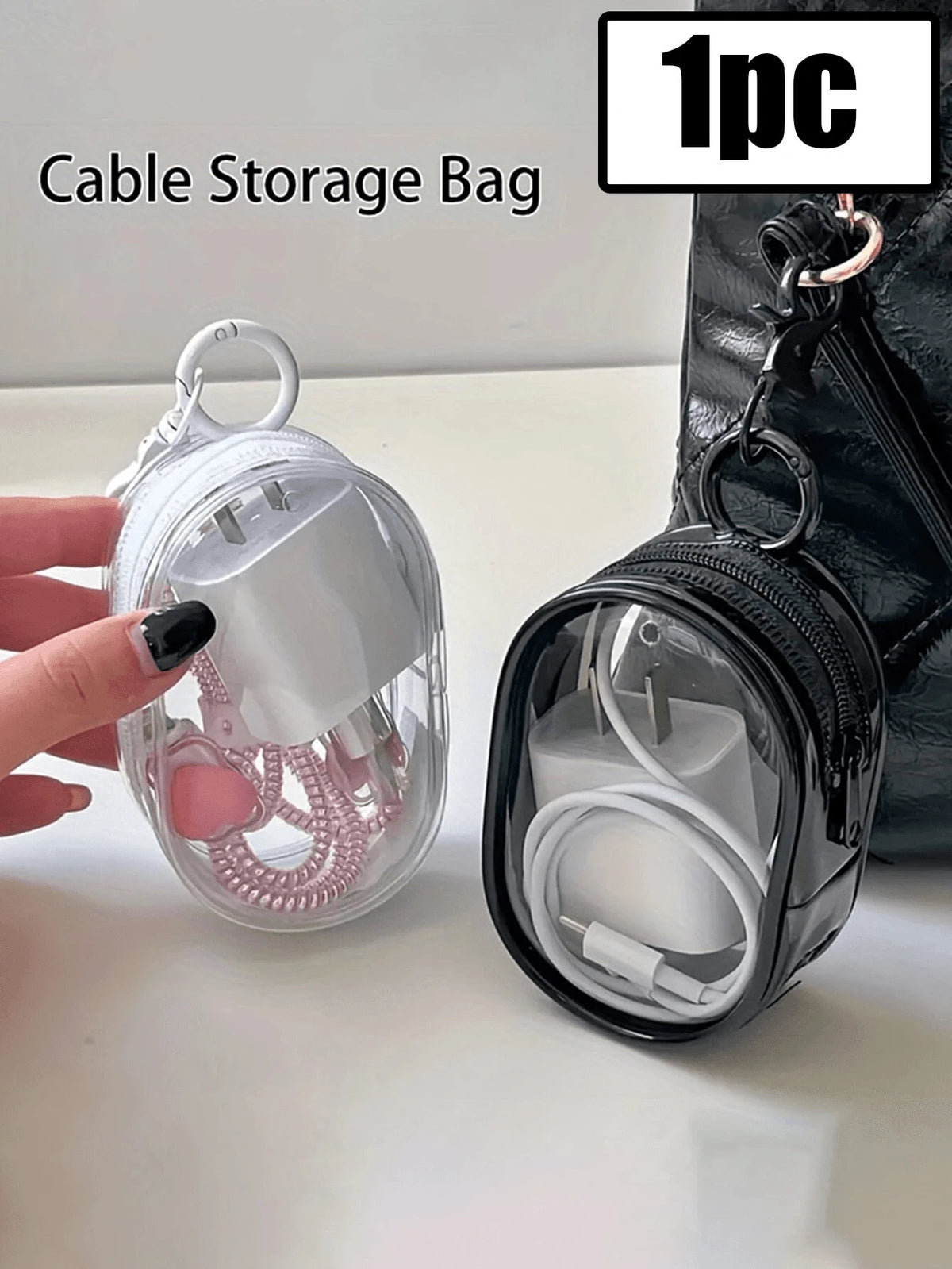 1PC Portable Mini Transparent Zipper Storage Bag, Bag Accessiores Compact Multifunctional Organizer, Headphone And Charger Case With Keychain, Transparent Travel Accessories, Available In Black And Wh