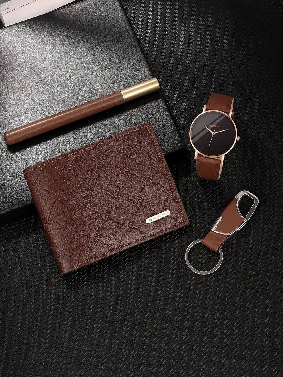 4pcs Simple Personality Pointer Disc Quartz Men's Watch Men's Wallet Rosewood Signature Pen Brown Key Chain Gift For Men As A Gift For Students Returning To School