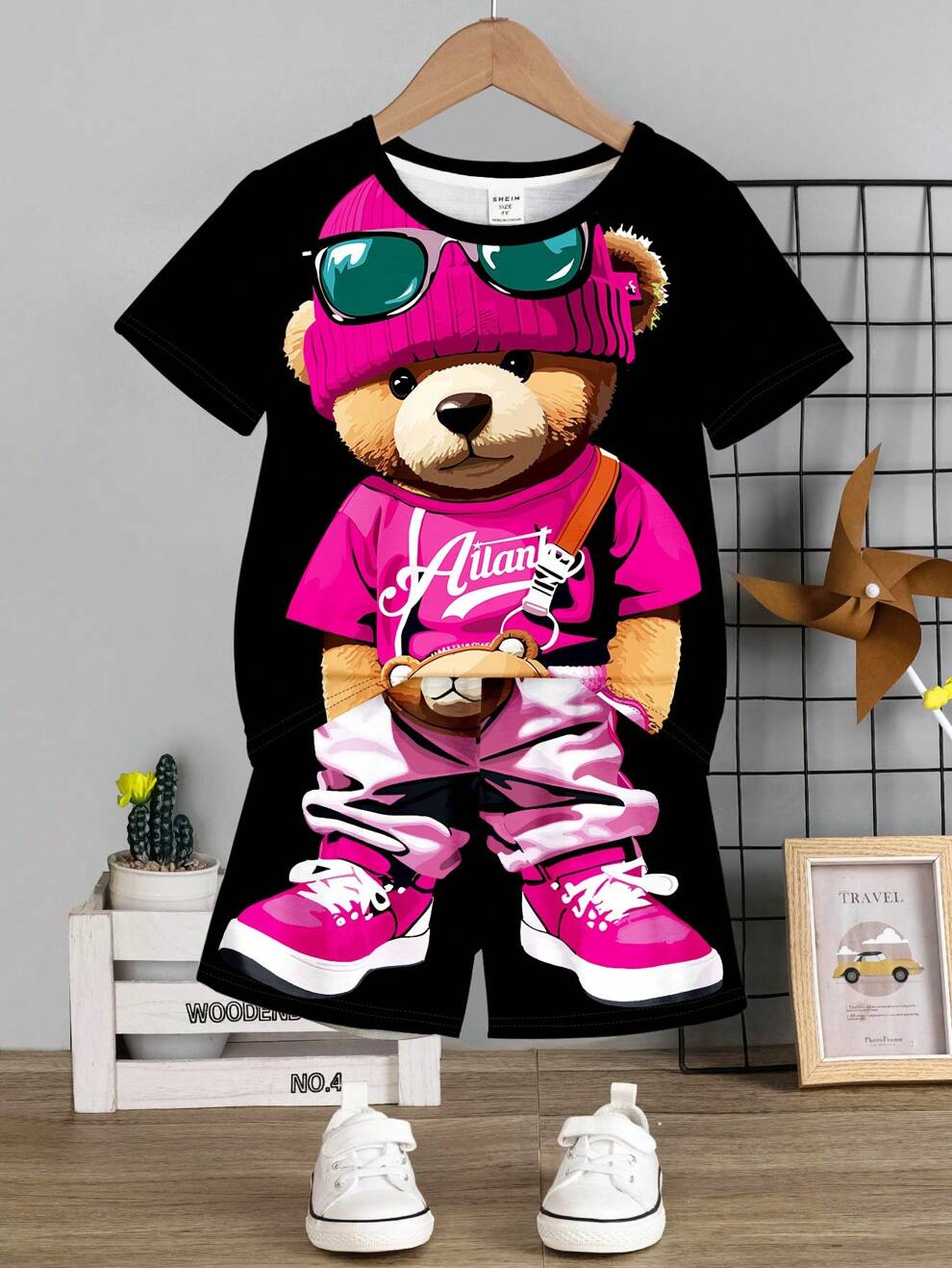 Summer Cool Girl Pink Bear Cartoon Print Short Sleeve T-Shirt And Shorts Two Piece Set, Young Girls' Casual Simple Outfit