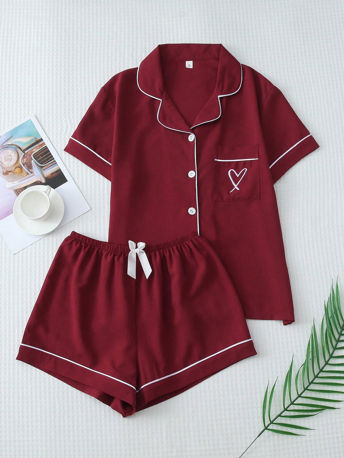 2pcs Women's Solid Color Summer Homewear Set With Contrast Trim, Embroidered Heart Short Sleeve Button-Up Shirt And Bowknot Shorts