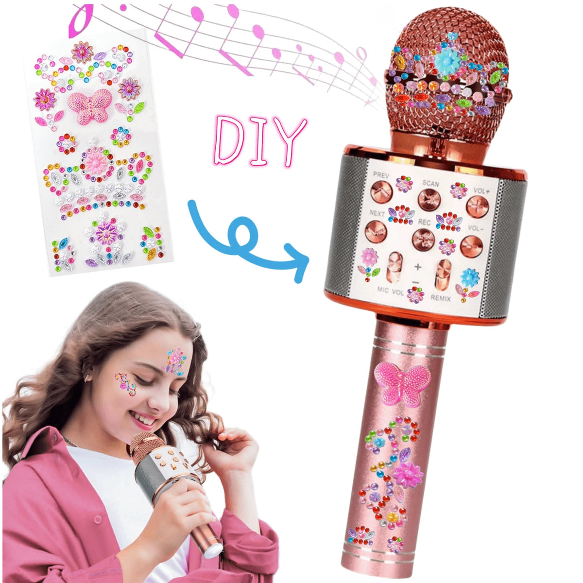 Wireless Bluetooth Karaoke Microphone, 3-In-1 Portable Handheld Microphone Speaker With Diamond Stickers DIY Decor, Compatible With All Smartphones, Perfect Gift For Women And Adults Of All Ages On Fe