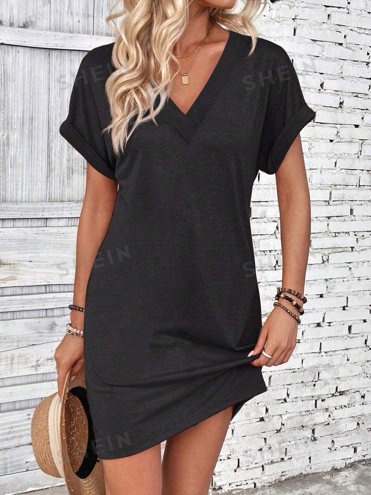 SHEIN LUNE Women V-Neck Solid Color Casual Short Sleeve Spring/Summer Dress