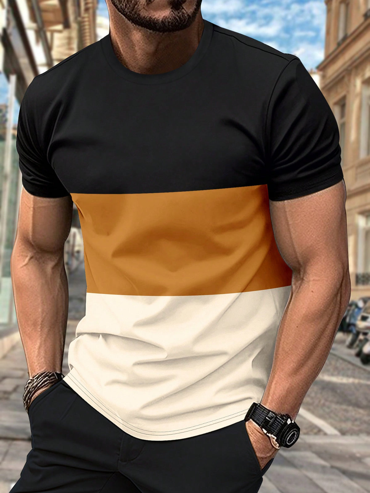 Men's Casual Colorblock T-Shirt, Breathable Comfortable Athletic Beach Vacation Short Sleeve Crew Neck Top