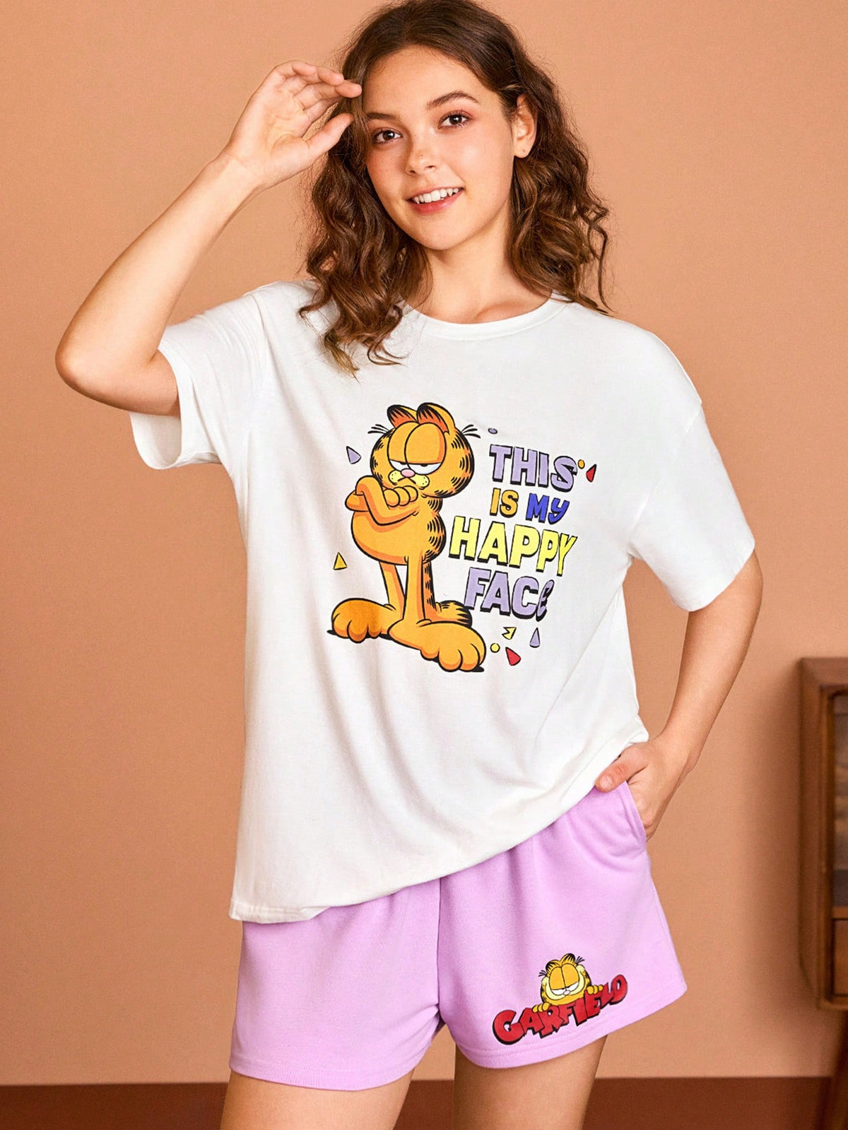 GARFIELD X SHEIN Women Cartoon Slogan Printed Drop Shoulder Loose White Top And Shorts Pajama Set For Summer