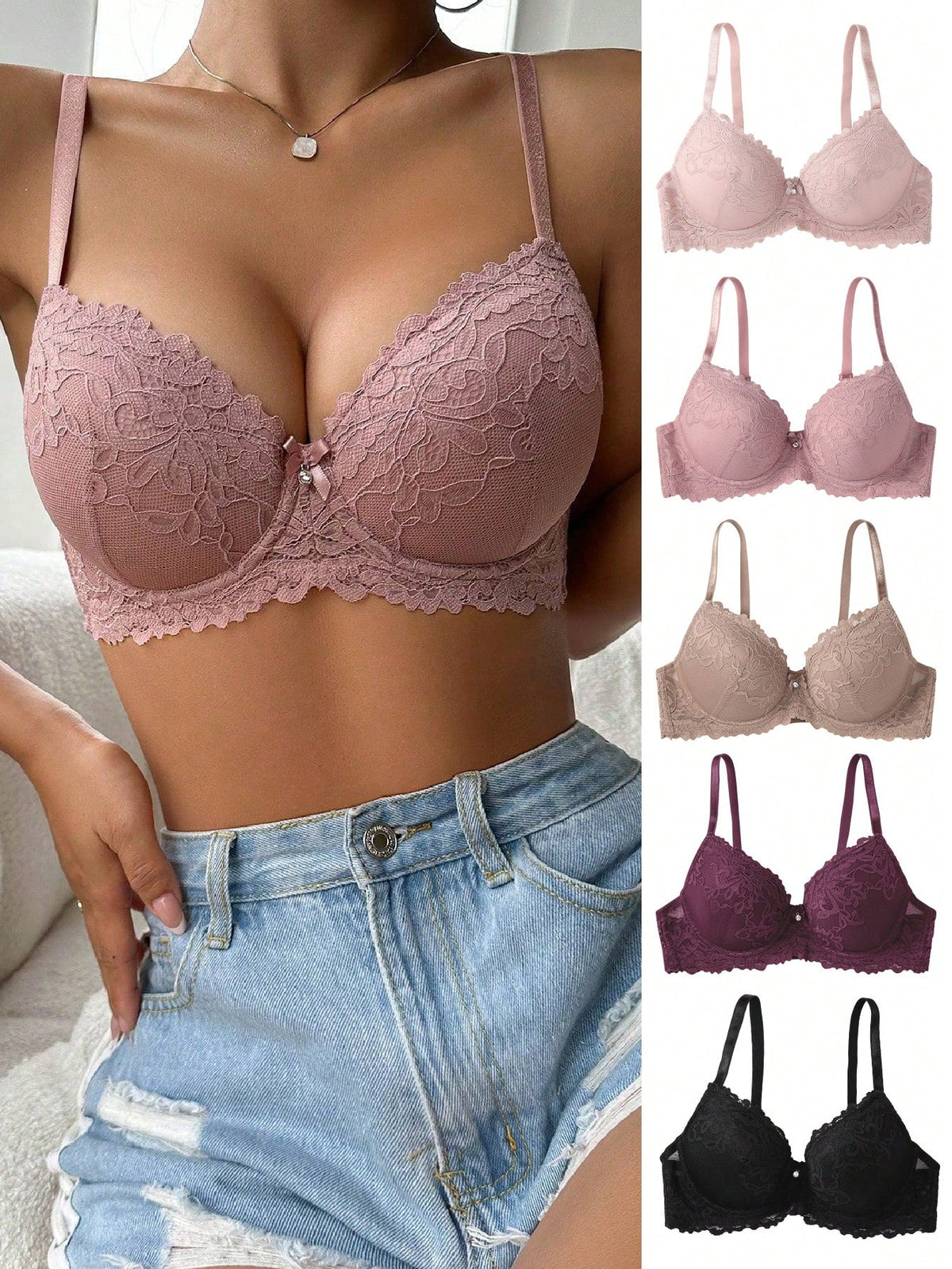 5pcs/Set Romantic Lace Padded Bras For Small Bust Enhancement Daily Wear