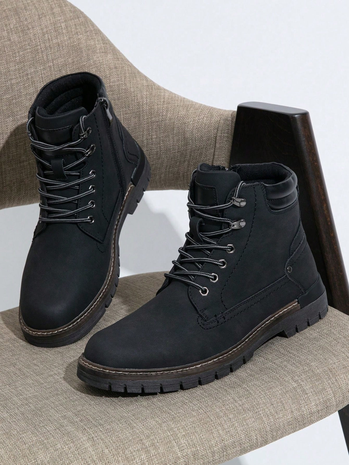 SHOESMALL Men's Fashion Pu Leather Boots Casual Boot Hiking Zipper Chukka Boots