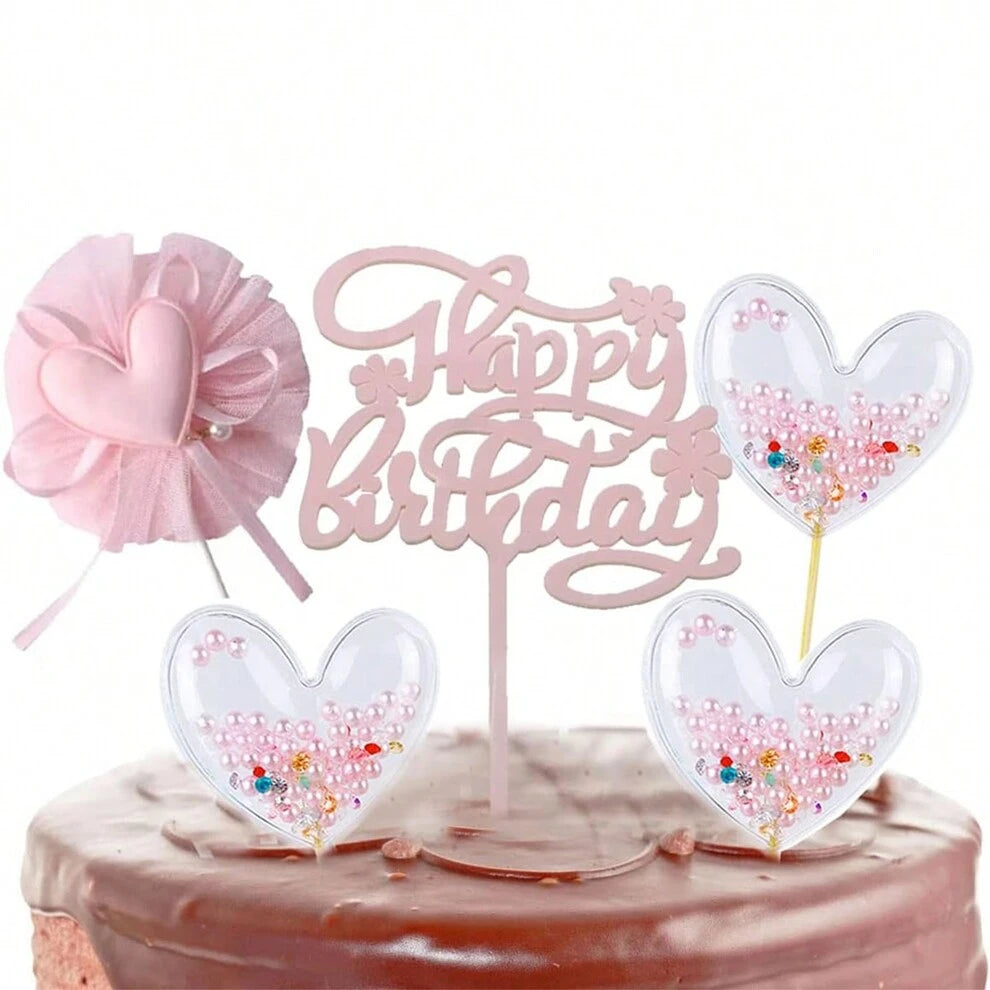 5pcs Princess Pink Cake Decoration Set With Happy Birthday Cake Topper, Heart Shaped & Pearl Decorations