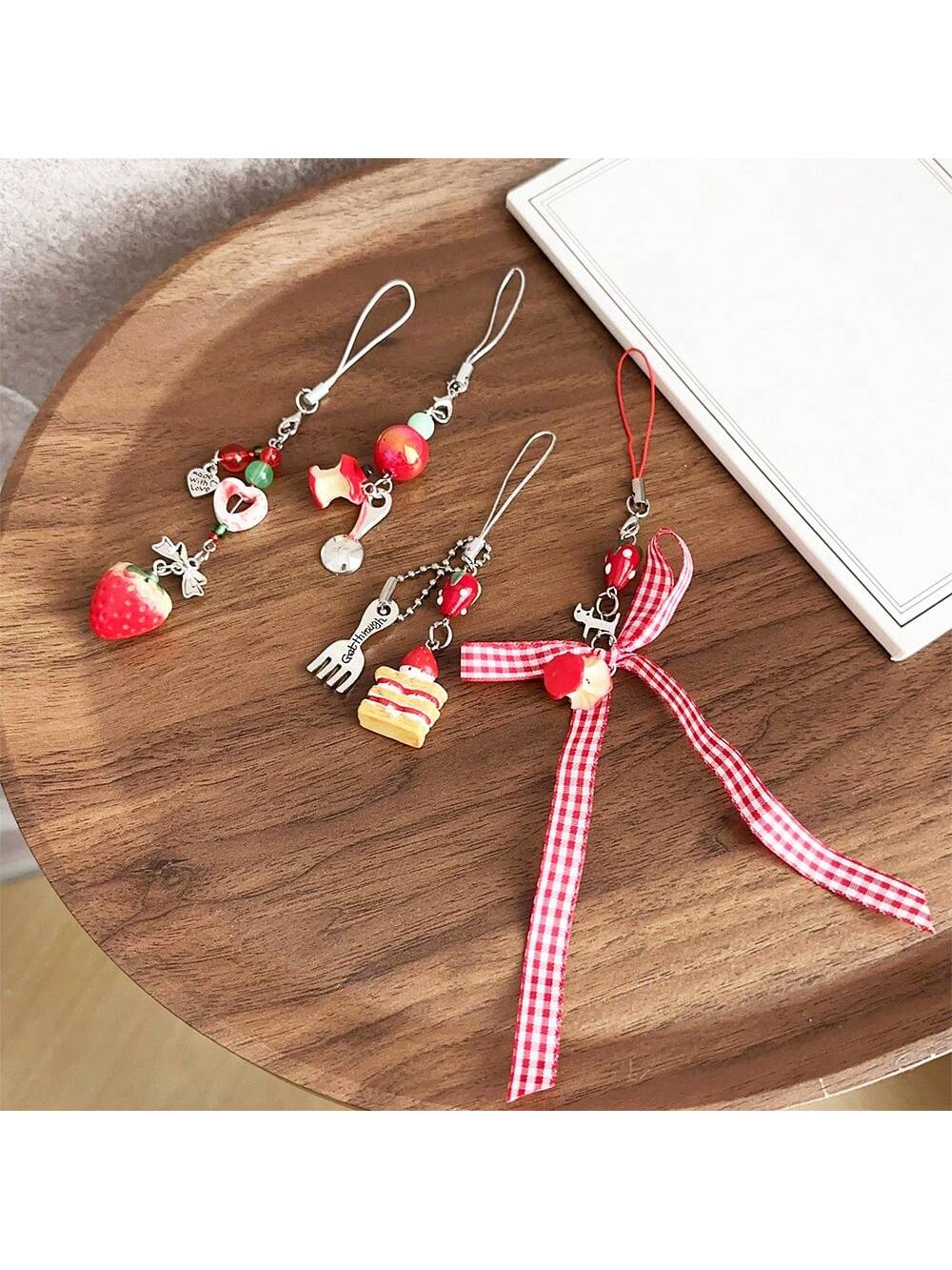 Cute Simple Fresh Fruit Sweet Cherry Handmade Beaded Mobile Phone Lanyard, Strap, Wrist Chain, DIY Bracelet, Keychain, Accessory, Versatile For Bag, Student ID, Camera, USB, Earphone, Phone Case, Anti