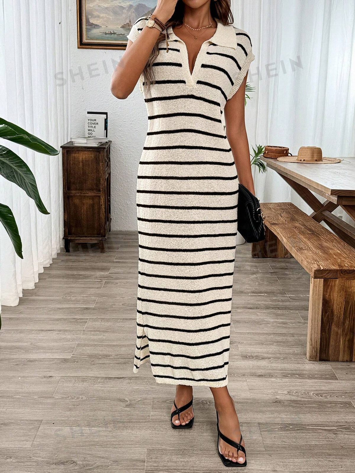 SHEIN Essnce Women V-Neck Split Fitted Charming Elegant Fashion Sleeveless Striped Cami Dress