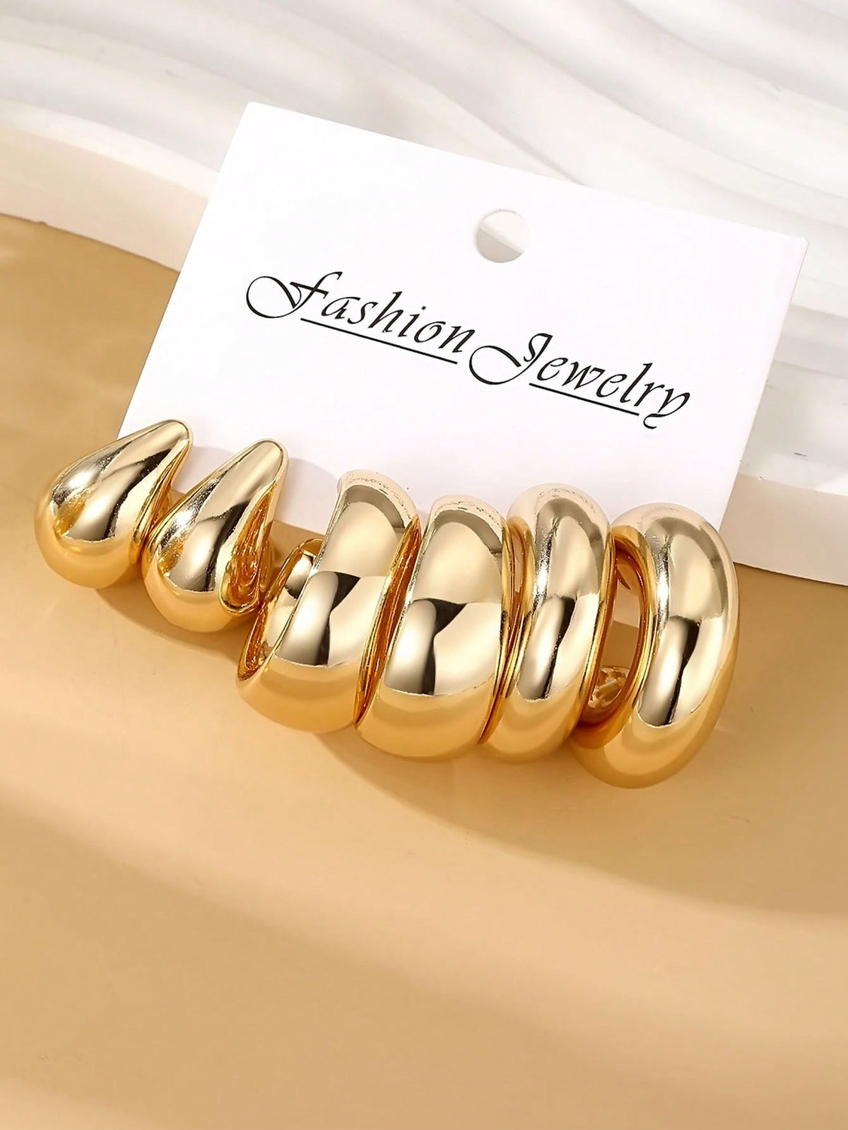 6pcs/Set Fashionable Metallic-Like Ccb Smooth Gold-Plated C-Shaped Chunky  Hoop Earrings Set For Women's Girls Daily Casual Wear