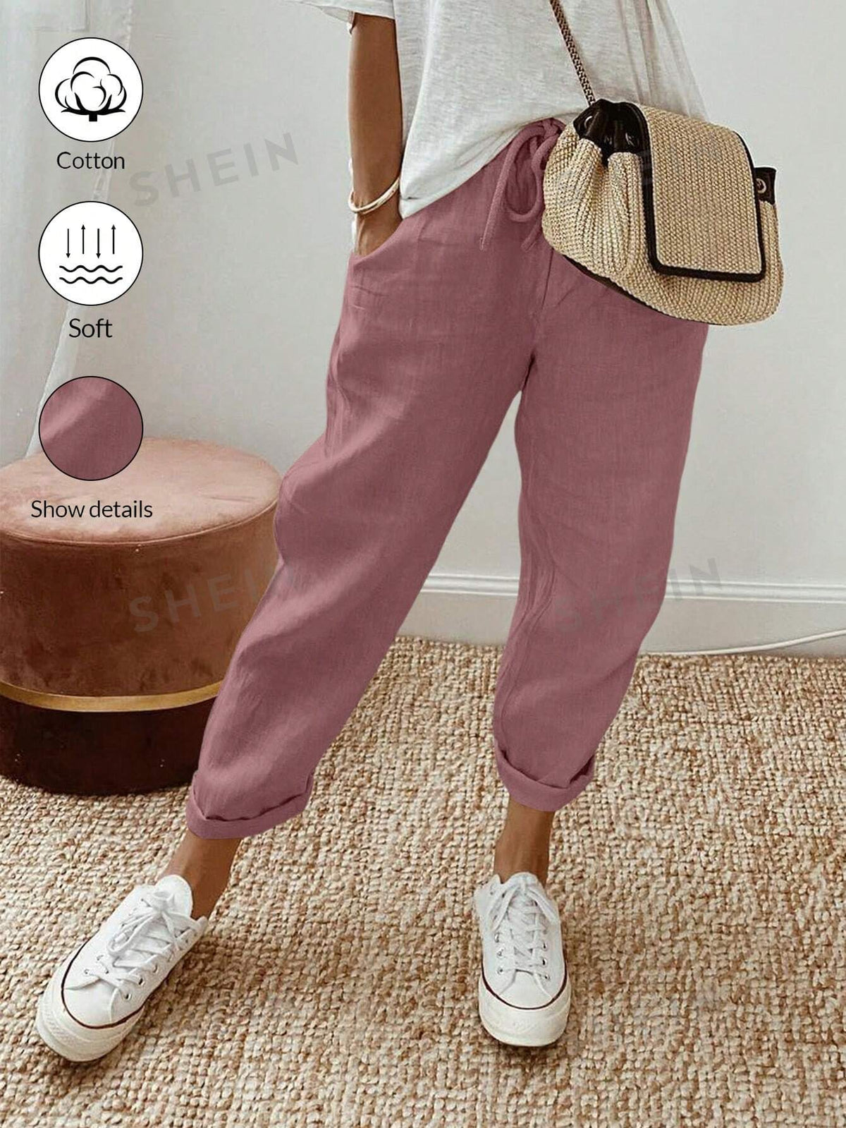 SHEIN LUNE Solid Color Drawstring Pocketed Casual Jogger Pants