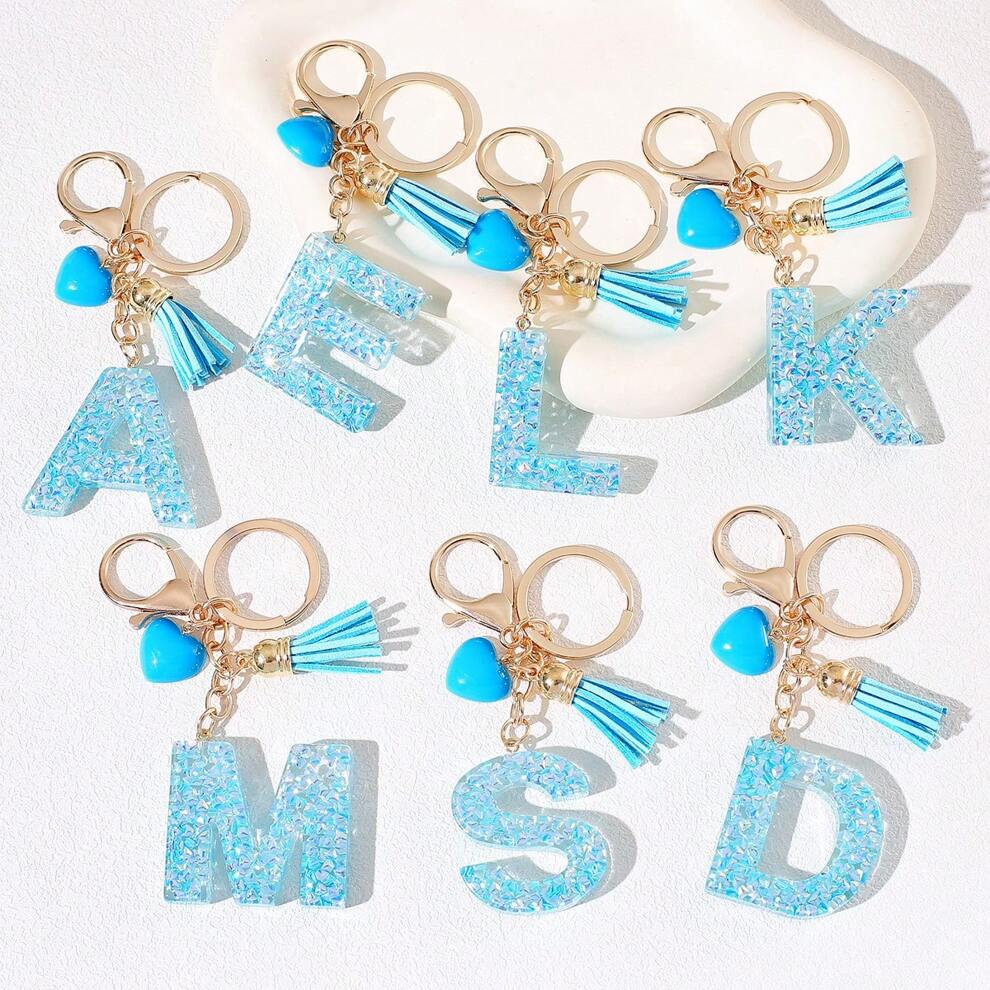 Letter Keychain With Tassel And Heart Pendant, Blue Glitter Resin Letters, Ladies' Casual Fashion Accessory, Ideal Gift For Friends, Bag Charm