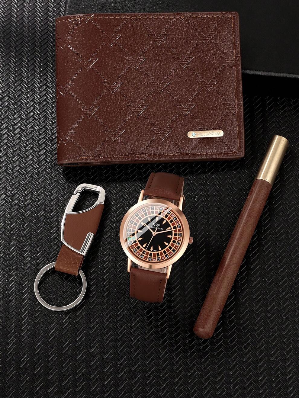 4PCS New Trend Coffee Brown Leather Quartz Watch And Keychain Fashion Pear Wood Pencil And Wallet Set Father's Day Gift As A Gift For Students Returning To School