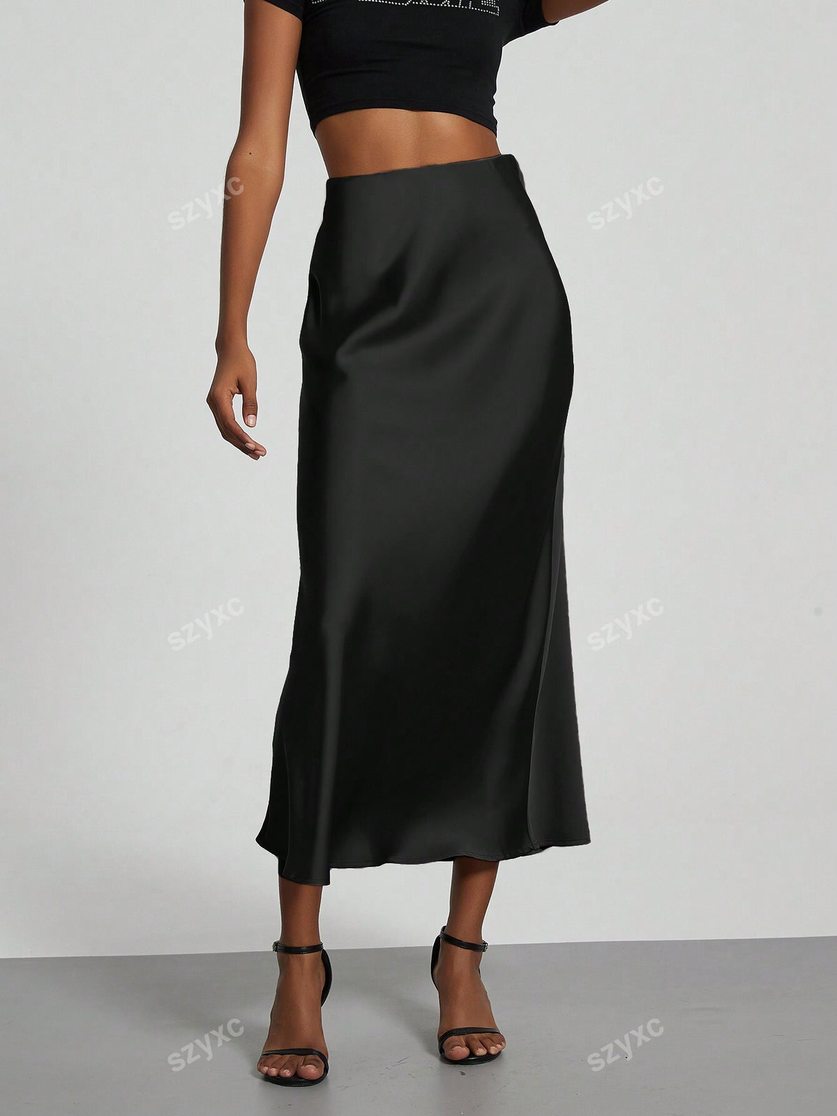 Women Elastic Silky Satin Midi Skirt