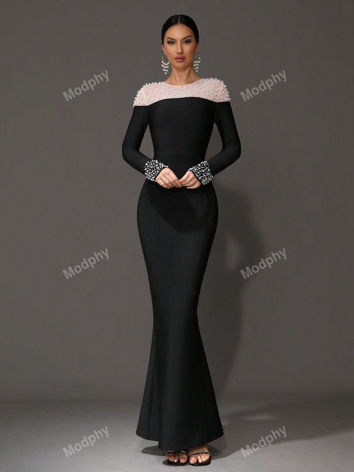 Modphy 2024 New Black Long-Sleeved Mesh Splicing Pearl Sexy Tight Mermaid Long Bandage Dress Ladies Formal Dinner Dress