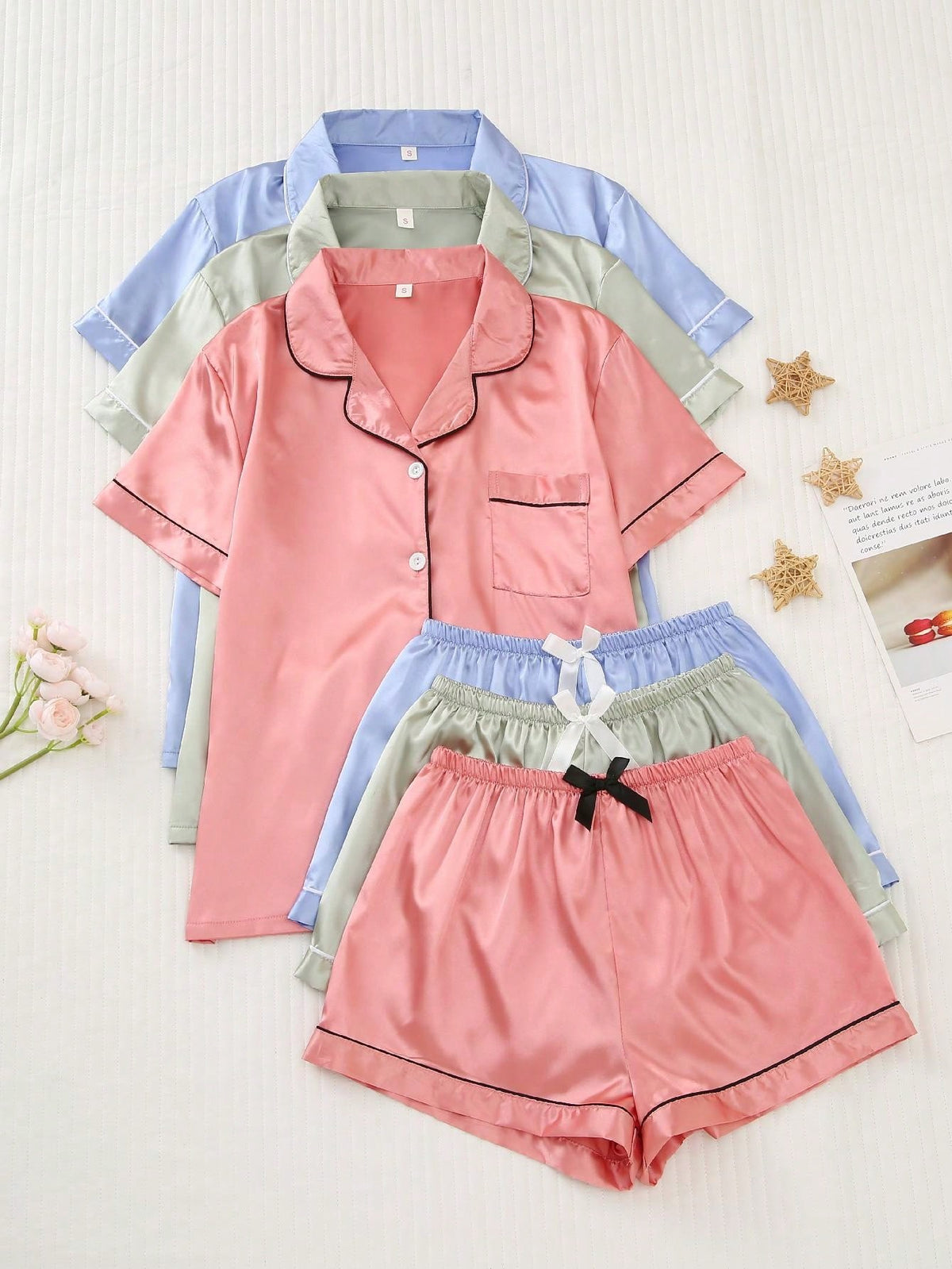 3pcs Solid Color Satin Pyjama Sets, Women's Loungewear Set With Short Sleeve Buttoned Collar Top And Bowknot Shorts, Suitable For Home Use