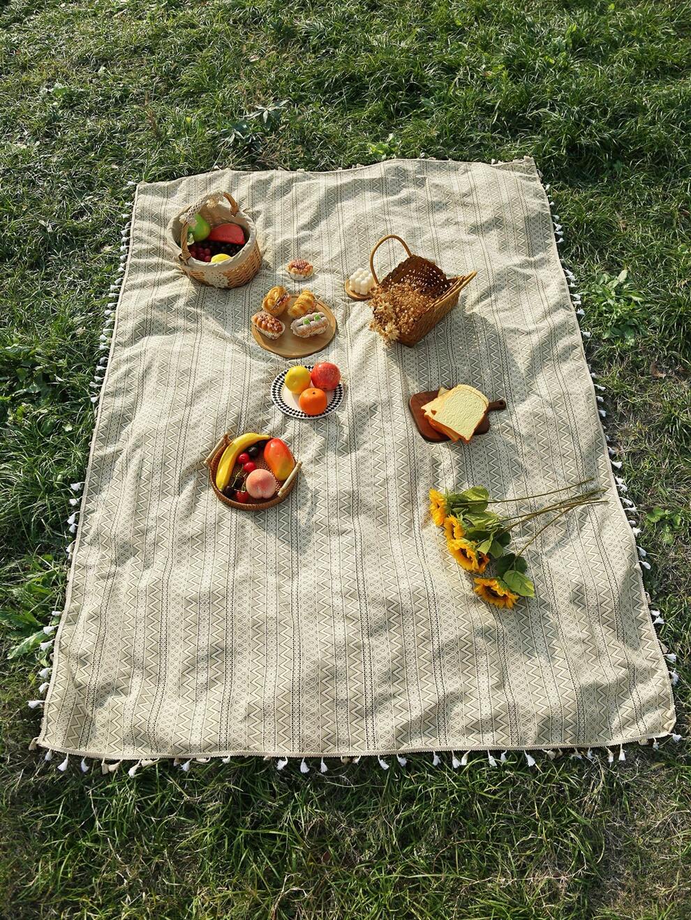 1pc Beige Color Lace Trimmed Wave Edge Picnic Blanket With Tassels