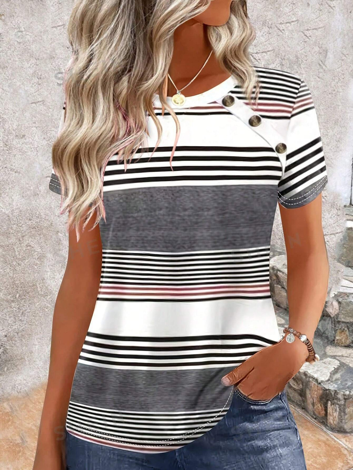 SHEIN LUNE Casual Striped Button Decor Ladies Round Neck Short Sleeve T-Shirt, Summer