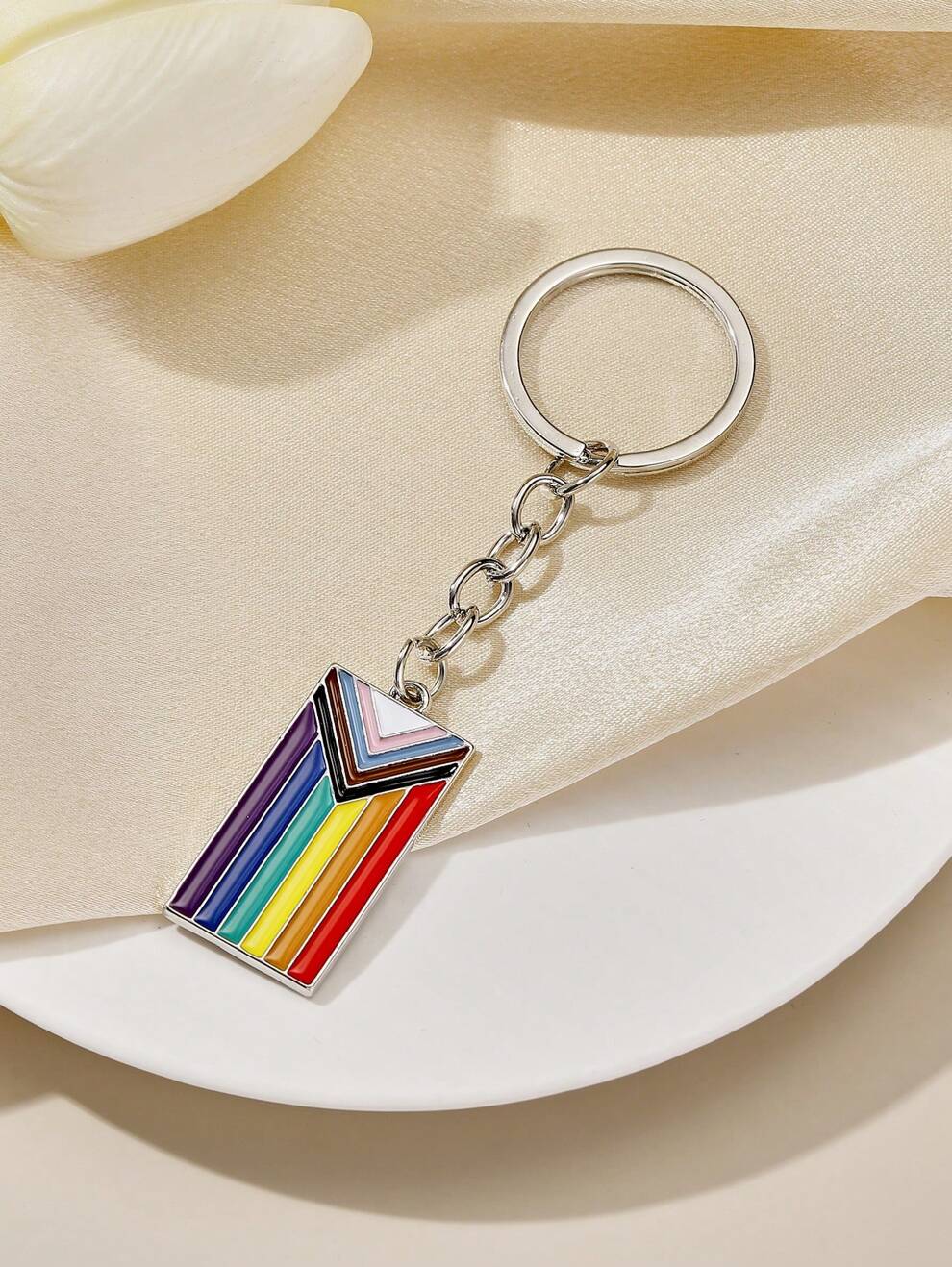 1pc Fashionable European And American Style Alloy Material Rectangular Rainbow Colored Striped Drip Oil Pride Moon Keychain Pendant For Women